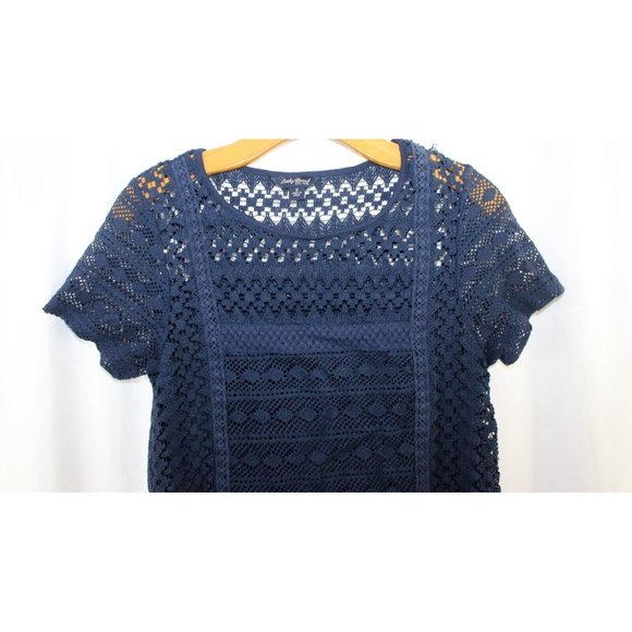 Lucky‎ Brand Womens Blue Crochet Lace Short Sleeve Top S - Picture 2 of 5